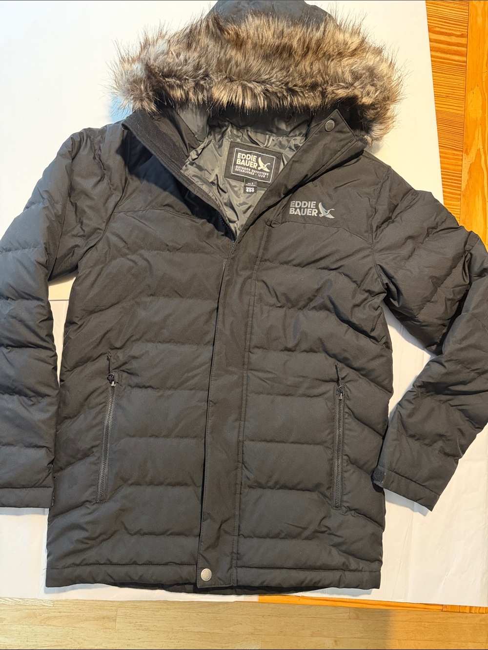 Eddie Bauer Black Puffer Coat with Faux Fur Trim Hood